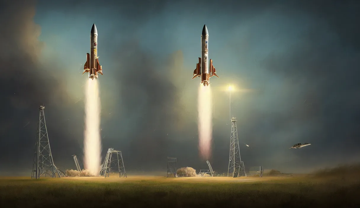 Prompt: epic professional digital art of vertical rocket on launch pad, at takeoff, ambient light, painted,, cinematic, detailed, intricate, grand, leesha hannigan, wayne haag, reyna rochin, ignacio fernandez rios, mark ryden, van herpen, artstation, cgsociety, epic, stunning, gorgeous, wow wow detail