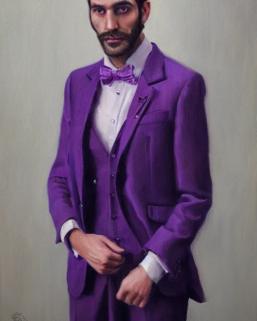 Image similar to An oil painting of a man in his twenties dressed in a purple suit, sleeked back hair, deranged face, highly realistic, highly detailed, 4k, by Greg Rutkowski, trending on artstation