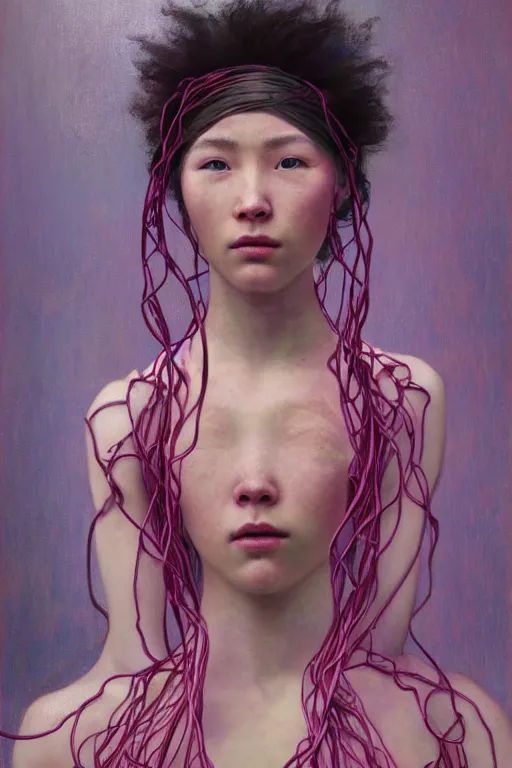 Image similar to hyperrealist portrait of elijah zu bailey, pink, it is decorated with long wires that fall like vines and wears small computers over their body. by jeremy mann and alphonse mucha, fantasy art, photo realistic, dynamic lighting, artstation, poster, volumetric lighting, very detailed faces, 4 k, award winning