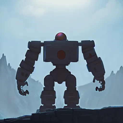 Image similar to Iron giant staying in a giant mountain during foggy weather and a planet in the sky, award winning, trending on artstation, unreal engine