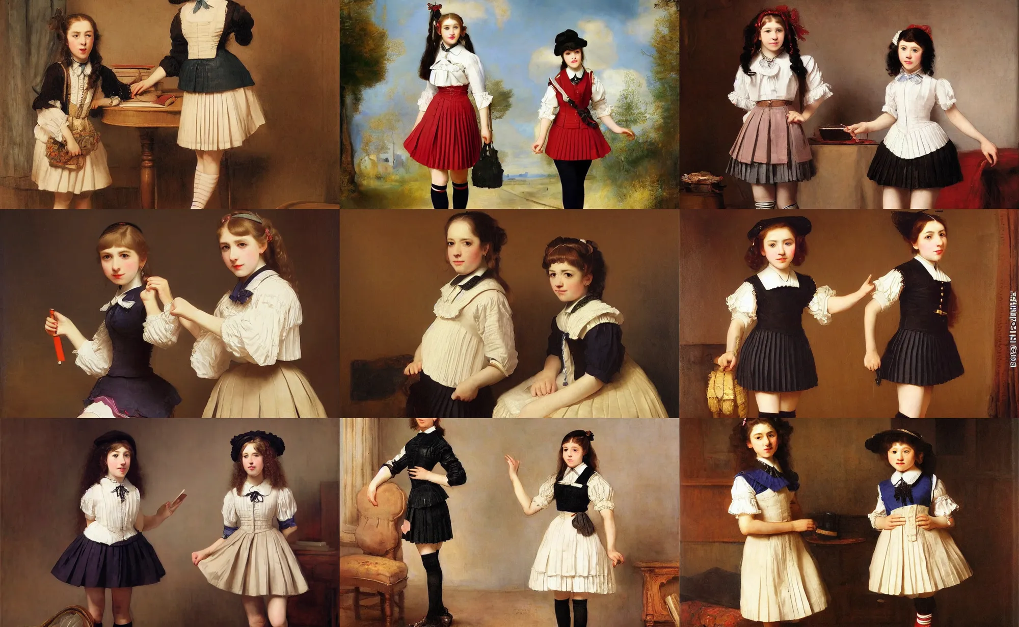 Prompt: school girl in victorian dress, school uniform, seifuku, pleated miniskirt, overknee socks. by rembrandt 1 6 6 7, illustration, by konstantin razumov