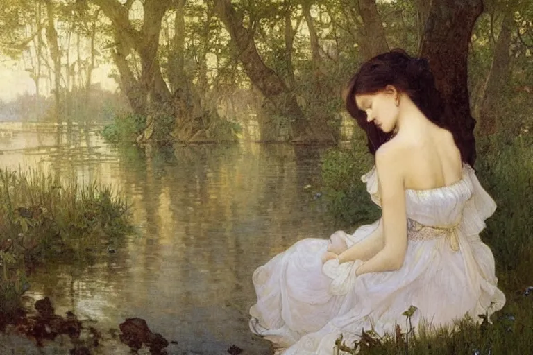 Image similar to a beautiful painting of the back view of a young lady in white dress sitting by the river in a grown forest, washing her dark long hair, sunlight reflected on the river, Mucha, Mohrbacher