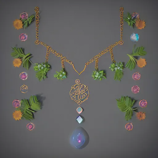 Prompt: intricate! organic, nordic wedding ring, necklace, gemstones, dreamy floral background, refraction, occlusion, lower and upper levels, octane render, vray render