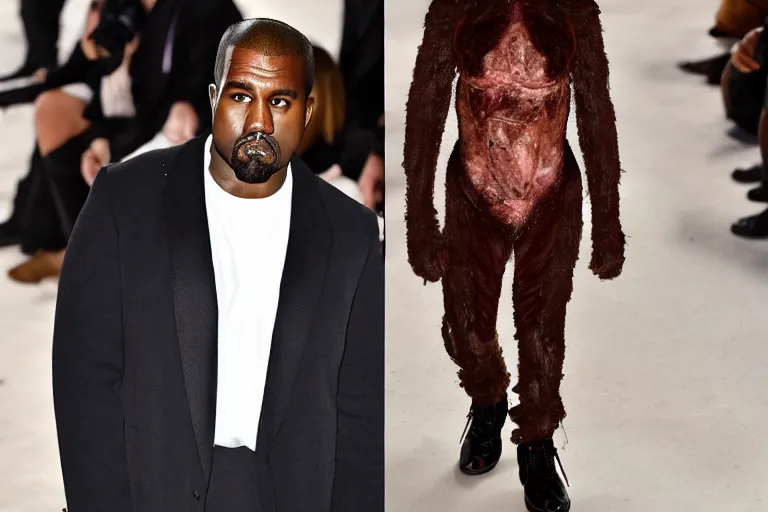 Prompt: kanye west wearing a suit made of meat, full body photograph on runway