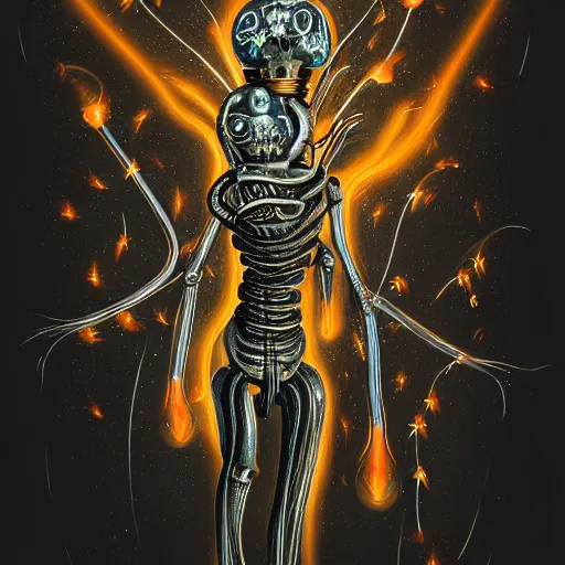 Prompt: beautiful painting of the benevolent spirit of lightbulbs surrounded by mechanical fireflies in the style of Welder Wings and H. R. Giger. Dark background, detailed, trending on Artstation