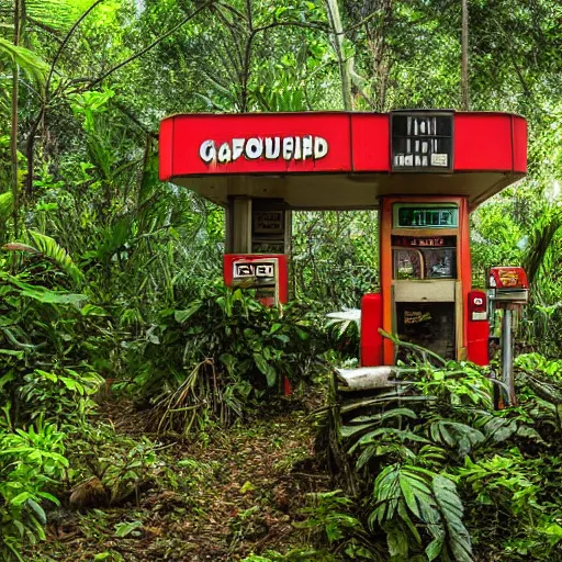 Image similar to An old Gas station in a dense jungle