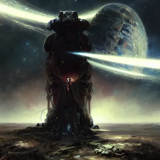 Prompt: a lonely sentinel wanders the universe by raymond swanland, highly detailed