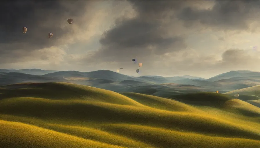 Image similar to a beautiful landscape painting, flying saucers, tuscany hills, by sam guay, moody lighting, hyperrealism, 4 k, octane render