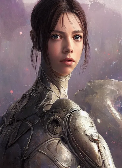 Image similar to a professional painting of a beautiful young female alien, clothed in ethereal armor, olive skin, long dark hair, beautiful bone structure, symmetrical facial features, intricate, elegant, digital painting, concept art, smooth, sharp focus, illustration, from Valerian and the City of a Thousand Planets, by Ruan Jia and Mandy Jurgens and Artgerm and William-Adolphe Bouguerea