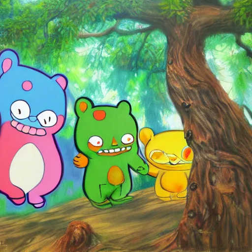 Image similar to Extremely muscular happy tree friends, high quality 8k hd, oil on canvas, hyperralistic art