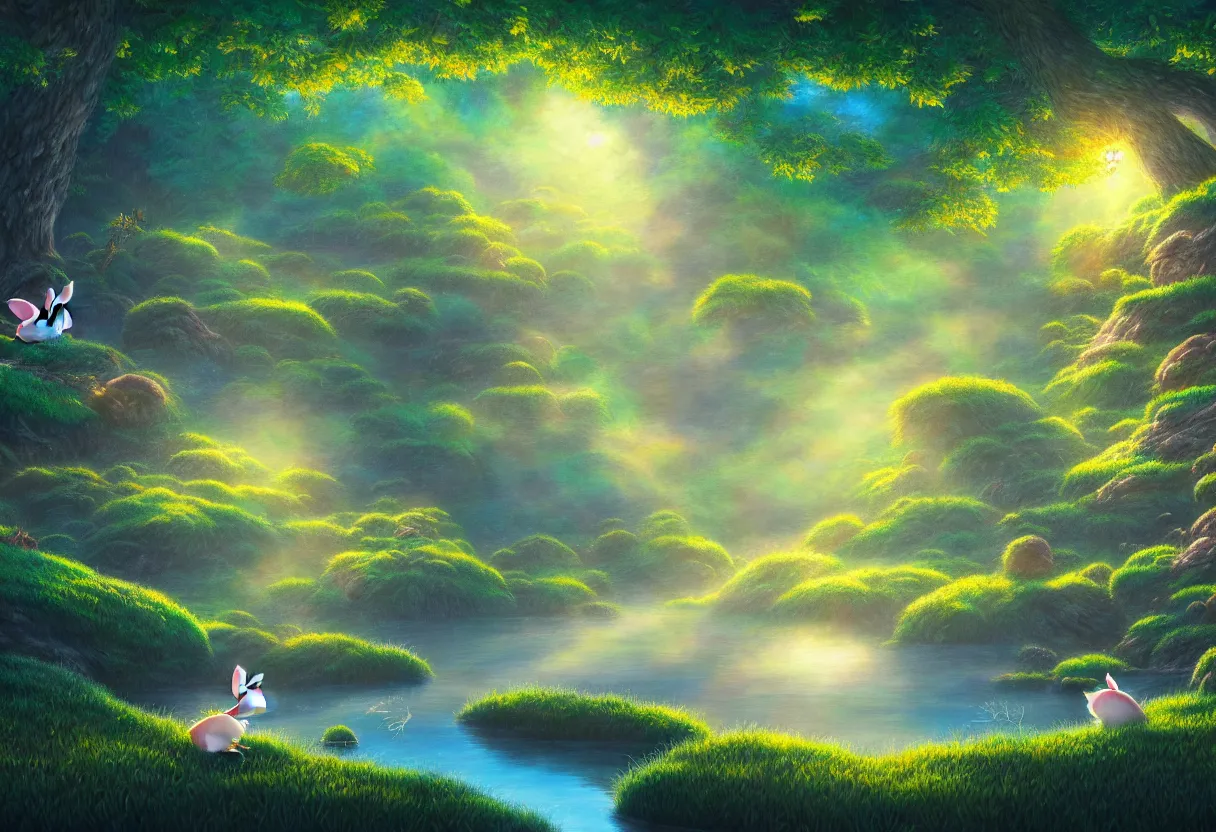 Image similar to a beautiful ultradetailed painting of dream forest, small rabbit, river, sunny, close shot, studio ghibli sunlight, archdaily, wallpaper, highly detailed, trending on artstation