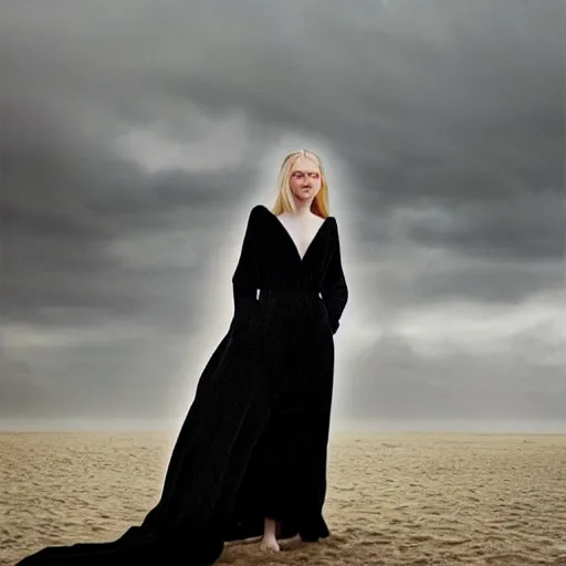 Image similar to Elle Fanning in a black robe holding fire on the beach, head and shoulders portrait, stormy weather, extremely detailed masterpiece, Roger Deakin’s cinematography, oil on canvas, Johannes Vormeer,