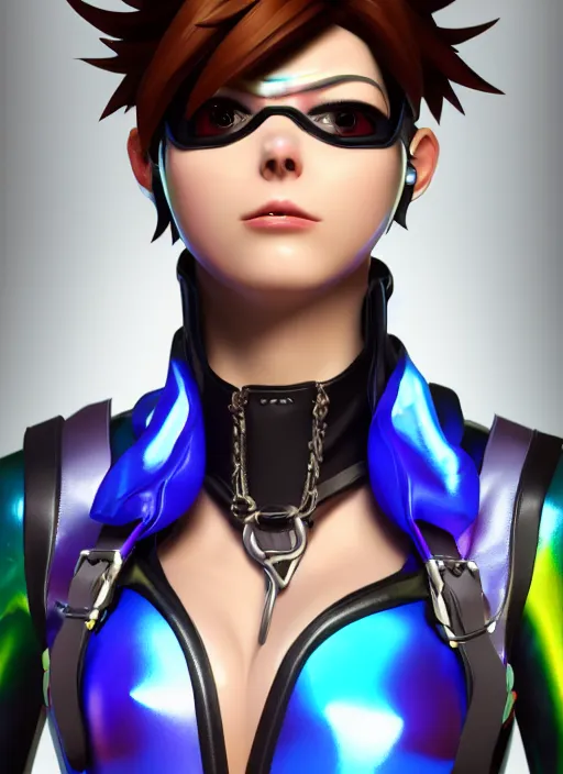 Image similar to portrait bust digital artwork of tracer overwatch, wearing iridescent rainbow latex and leather straps catsuit outfit, 4 k, expressive happy whistling face, makeup, in style of mark arian, angel wings, wearing detailed leather collar, chains, black leather harness, detailed face and eyes,