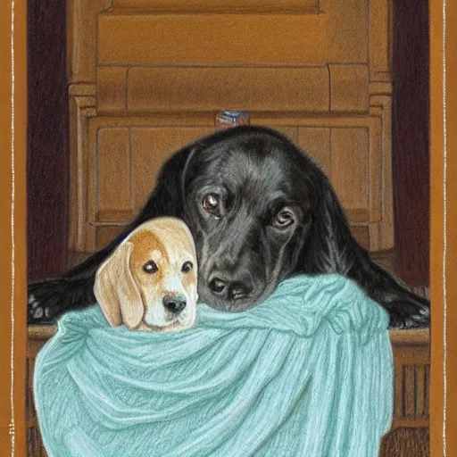 Prompt: a painting of a dog wrapped in a blanket, a color pencil sketch by robert bateman, tumblr contest winner, furry art, tarot card, pre - raphaelite, storybook illustration