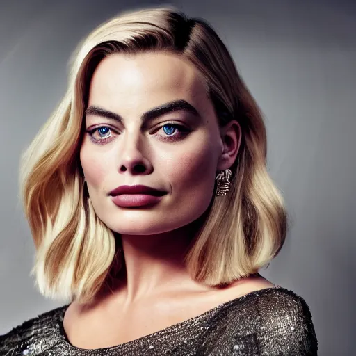 Prompt: A portrait of margot robbie with space in the background, realistic facial features, beautiful face, sharp, 4k, hd
