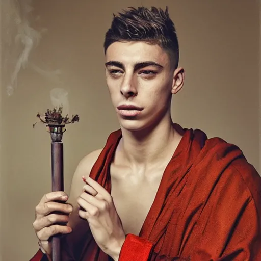 Image similar to attractive kai havertz wearing monk robes holding incense burner. natural lighting by ruan jia, portrait