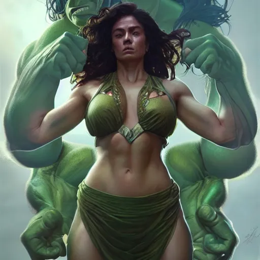 Image similar to real woman hulk, ultra realistic, concept art, intricate details, highly detailed, photorealistic, octane render, 8 k, unreal engine. art by artgerm and greg rutkowski and alphonse mucha