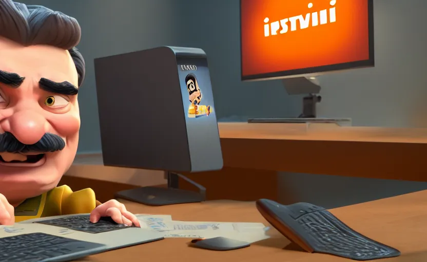 Image similar to very cute angry realistic josef stalin trading bitcoin in front of computer, disney pixar character concept artwork, 3 d concept, in a rock chair, high detail iconic character for upcoming film, 8 k octane render