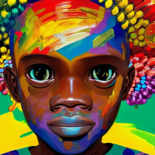 Image similar to colourful upper half portrait of an african boy, art by takashi murakami, highly detailed, digital painting, ray tracing, concept art, illustration, smooth sharp focus, intricate, symmetry, artstation,