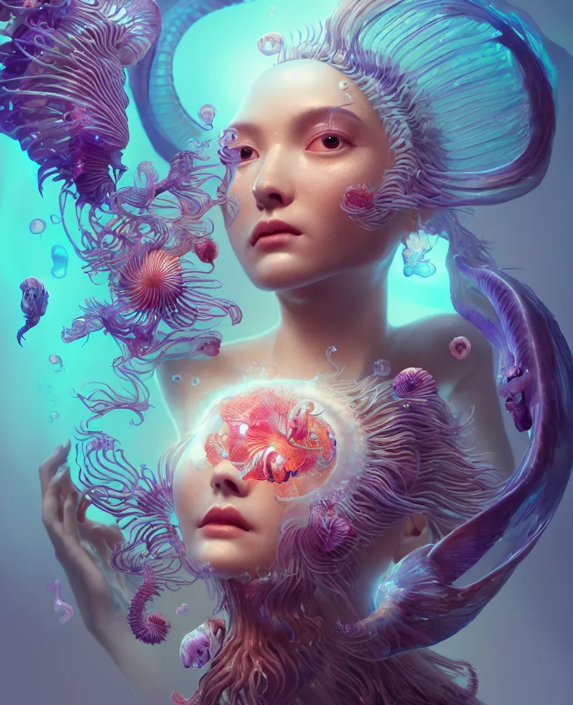 Image similar to goddess close-up portrait. chimera orchid jellyfish phoenix head, nautilus, skull, betta fish, bioluminiscent creatures, intricate artwork by Tooth Wu and wlop and beeple. octane render, trending on artstation, greg rutkowski very coherent symmetrical artwork. cinematic, hyper realism, high detail, octane render, 8k