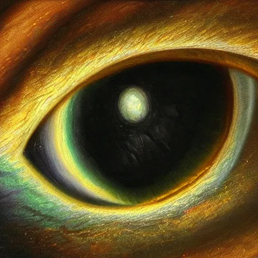 Image similar to a highly detailed photorealistic painting of a ( ( ( human eye ) ) )!!!!!!! reflecting the milky way galaxy