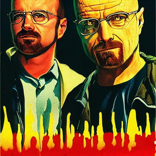 Image similar to jesse pinkman and walter white on a pulp fiction poster, cinimatic poster, high detail, saturated