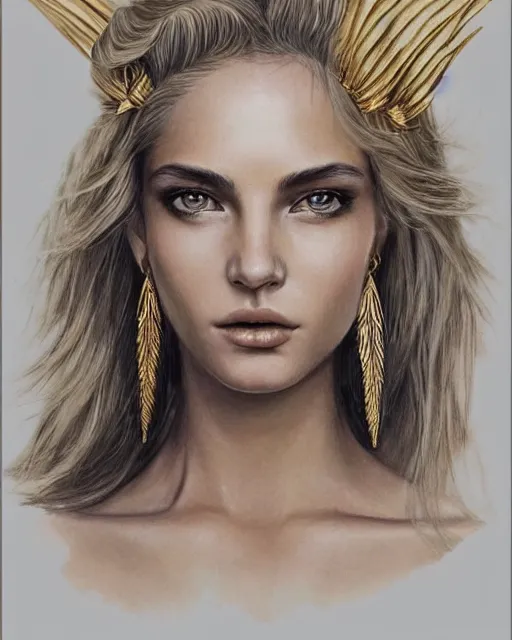 Image similar to front view of beautiful super model aphrodite greek goddess wearing a gold laurel wreath and triangle earrings, realism tattoo sketch, beautiful piercing eyes with sharp pupils, beautiful blonde hair, in the style of greg rutkowski, fantasy, amazing detail, epic, elegant, smooth, sharp focus