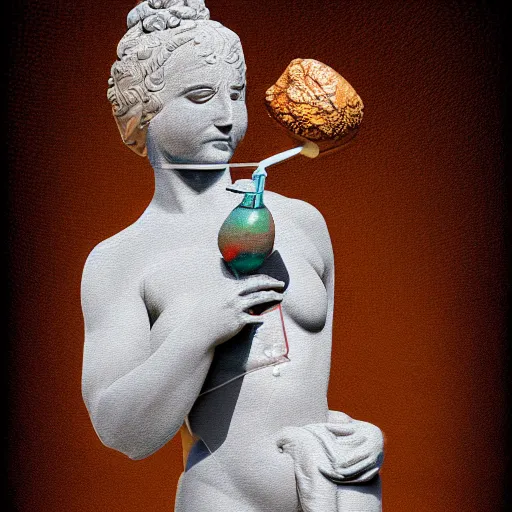 Prompt: a reneissance statue holding a coctail, medium shot, colorful coctail, digital painting