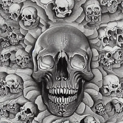 Prompt: skulls, hyperbolic tesselation by mc escher and jamnitzer and gustave dore