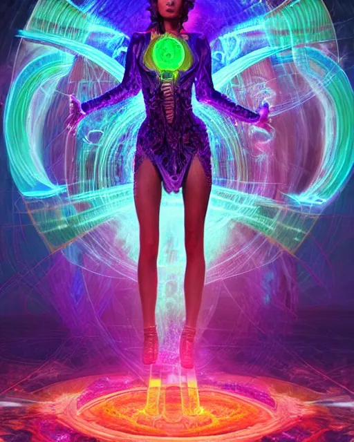 Image similar to a powerful energy psychedelic matrix sorceress, by alexander fedosav, hyper detailed digital matte painting, concept art, hyperrealism, 1 6 k resolution, cinema 4 d, 8 k resolution, trending on artstation, behance hd, a masterpiece, by stephan martiniere, particles, cel - shaded, power bright neon energy, by david a. hardy,