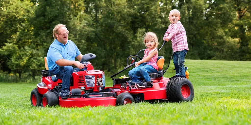 Image similar to a profile shot of a cute long haired toddler riding her tow lawn mower directly behind her father, who is sitting on a riding lawnmower, golden hour