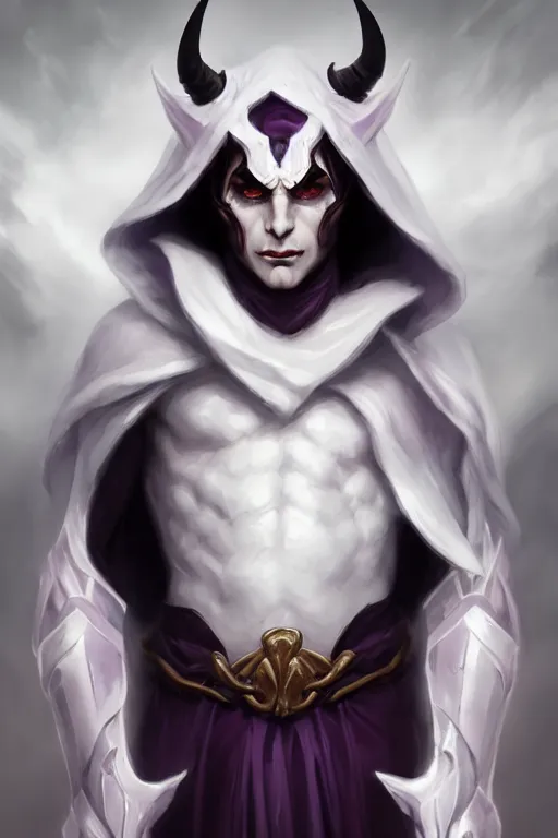 Prompt: human male demon, full body white purple cloak, focus, closup, portrait, hero, character concept art, costume design, black eyes, white horns, trending on artstation, Artgerm , WLOP