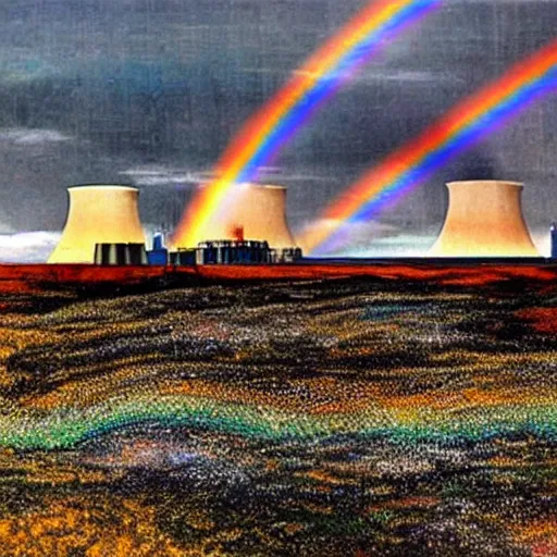 Prompt: A Masterpiece Landscape of a broken down nuclear power station, Nuclear blast imminent, nuclear reactor going critical. Rainbow Color Scheme