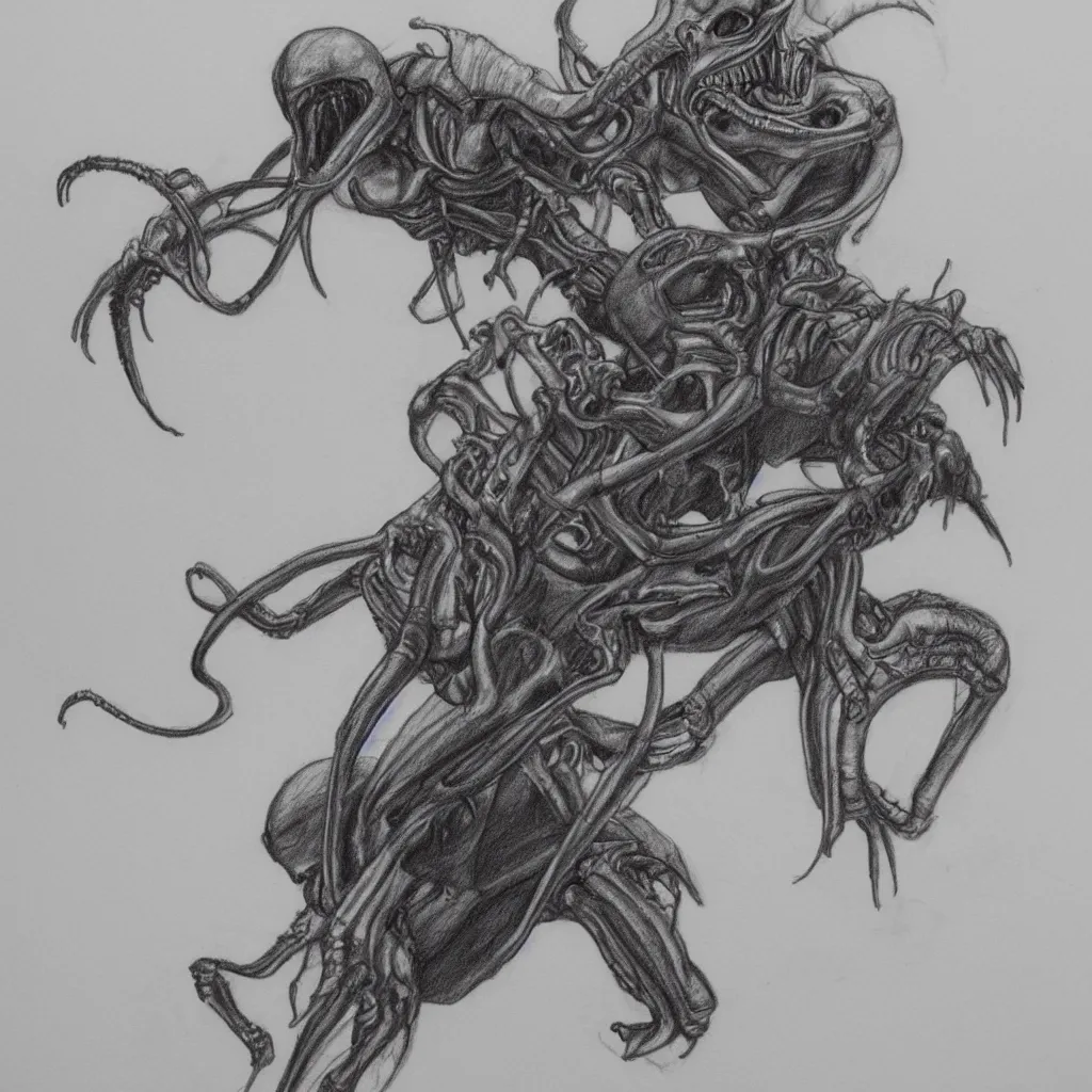 Image similar to a pencil sketch of a cowboy riding xenomorph, white background