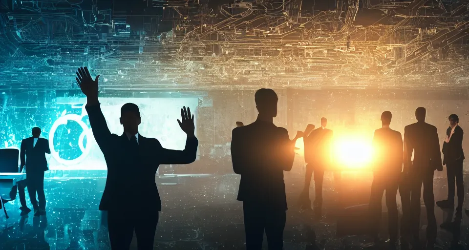 Image similar to Dramatic photo of a CEO waving goodbye to a group of silhouettes of his coworkers in a futuristic office. Golden coins are levitating all around them. 8k, high detail, trending on Artstation, volumetric lighting, cyberpunk