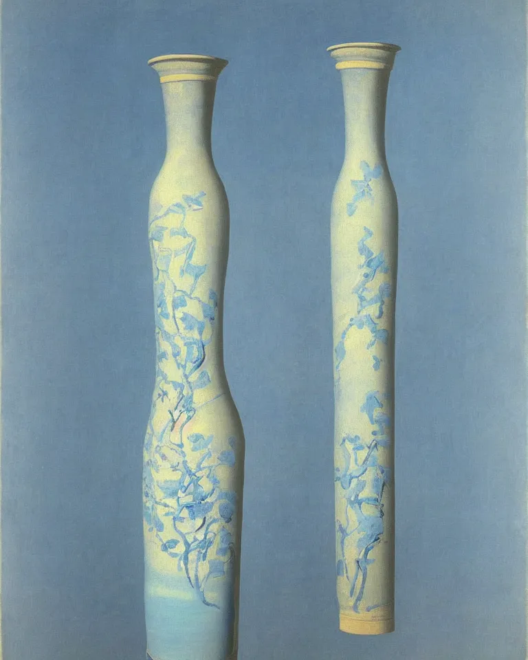 Image similar to achingly beautiful print of intricately painted ancient greek lekythos on a baby blue background by rene magritte, monet, and turner.