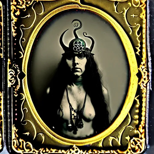 Image similar to tintype ambrotype daguerreotype of a cthulhu priestess adorned in occult jewelery with tentacle hair. emerging walking out of a slithering baroque frame. she is high priestess of cthulhu. tintype