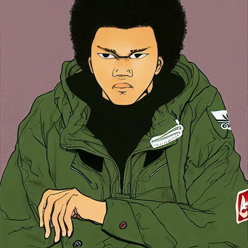 Image similar to illustration by katsuhiro otomo, black man with afro hair, stubble, wearing an adidas army green jacket, in the streets of tokyo, akira style, by katsuhiro otomo