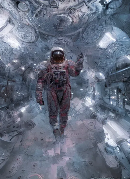 Prompt: concept art by craig mullins infrared complex and hyperdetailed technical astronaut dancing in futuristic dark and empty mirrored room underwater. reflection and dispersion materials. mandelbulb fractal. rays and dispersion of light. volumetric light. 5 0 mm, f / 3 2. noise film photo. flash photography. unreal engine 4, octane render. interstellar movie art