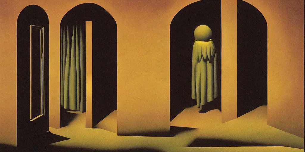 Image similar to A door that opens to another dimension by Richard Corben, by by René Magritte, surrealism, gothic, baroque