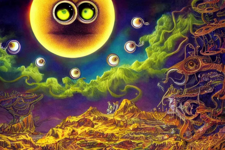 Image similar to highly detailed dreamscape of 3 dimensional highly realistic floating and flying eyeballs of all sizes