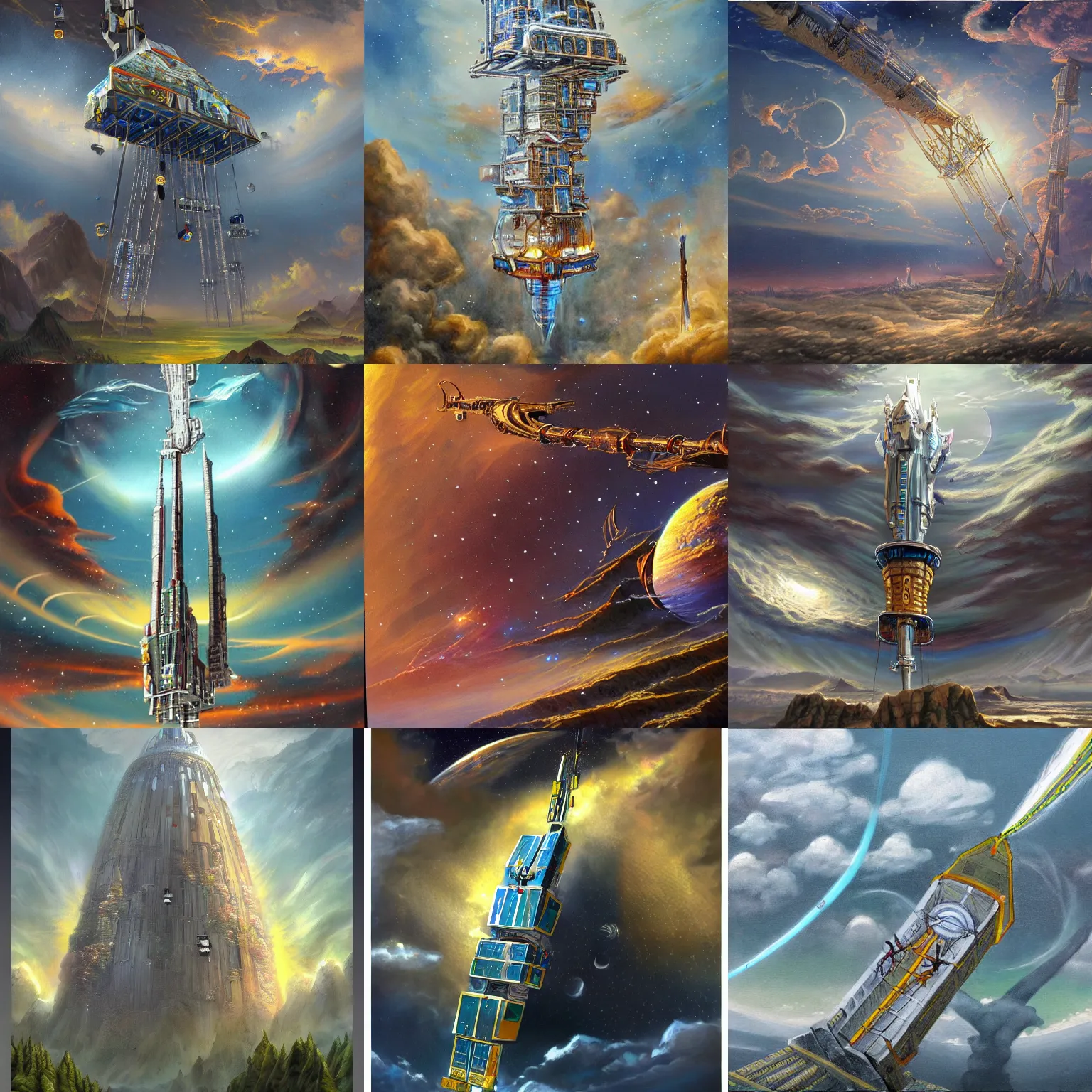 Prompt: an epic fantasy painting of a space elevator