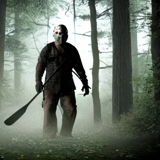 Prompt: A still image of Jason Voorhees in the woods foggy very detail 4K quality super realistic
