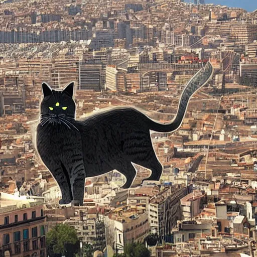 Prompt: a hairy giant cat destroying barcelona with laser eyes