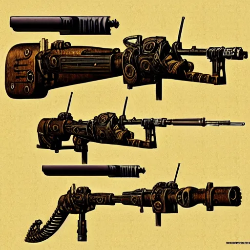 Image similar to rifle in the style of zdzisław beksinski, steampunk, science fiction, weapon schematic