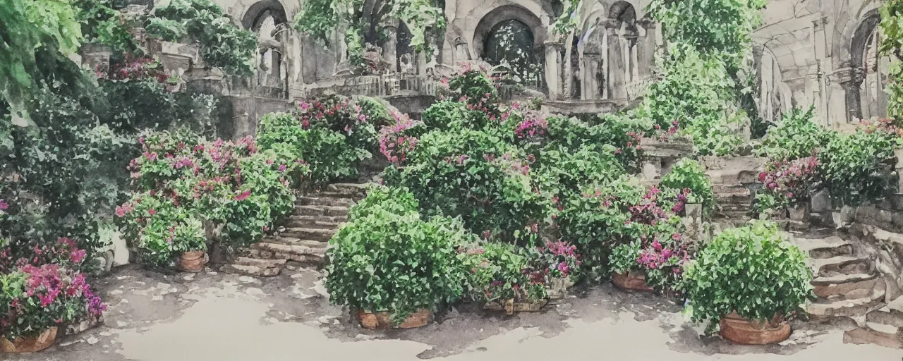 Image similar to isomeric view, stairway, chairs, delicate water in a botanic garden, garden road, sparrows, temple in a botanical herbarium paper, watercolor colored painting, iridescent colors, 8 k, realistic shaded, fine details, artstation, italian style, colonnade, huge flowers, architecture