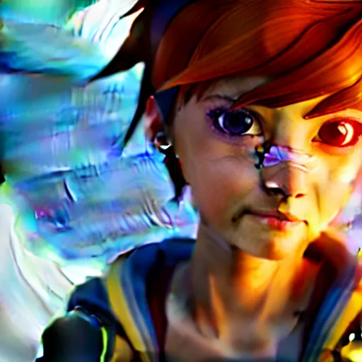 Prompt: a young girl with the appearance of tracer from overwatch, design, octane render, 4 k, ingame shot