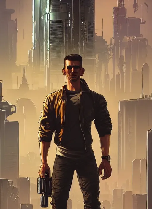 Image similar to Handsome Javier. good looking cyberpunk fitness dude. attractive face. Realistic Proportions. Concept art by James Gurney and Laurie Greasley. Moody Industrial skyline. ArtstationHQ. Creative character design for cyberpunk 2077.