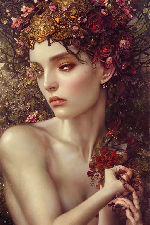 Prompt: an intricate realistic oil painting of persephone, headspace, fantasy art, by tom bagshaw, by karol bak, emil melmoth, by greg rutkowski, by mucha