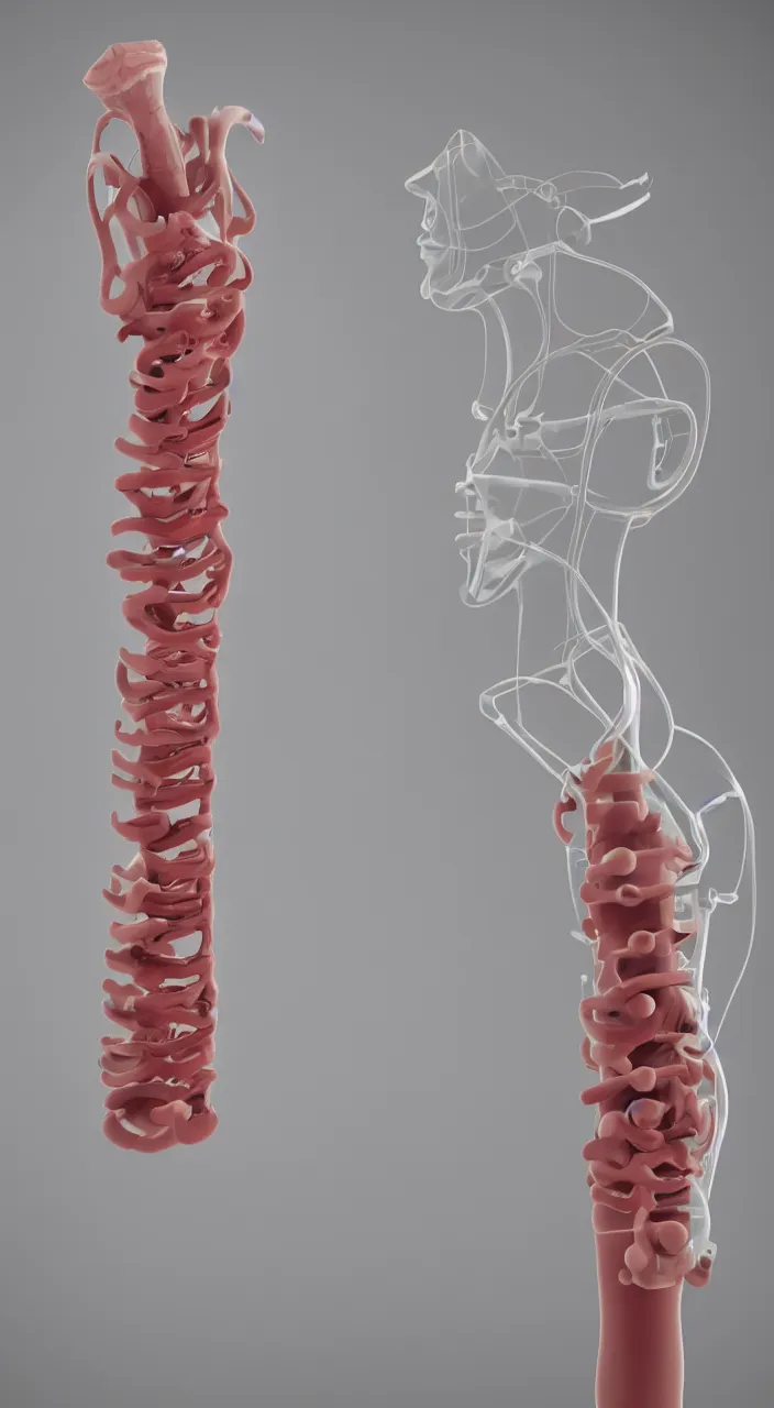 Prompt: an organ with ceramic pipes shaped like a human larynx, in the style of a medical diagram, 3 d render, 8 k,